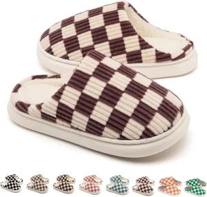 House Slippers for Woman Men, Womens Slippers on Fuzzy House Shoes Memory Foam Checkered Scuff Outdoor Indoor Warm Plush Bedroom Shoes with Faux Fur Lining Size