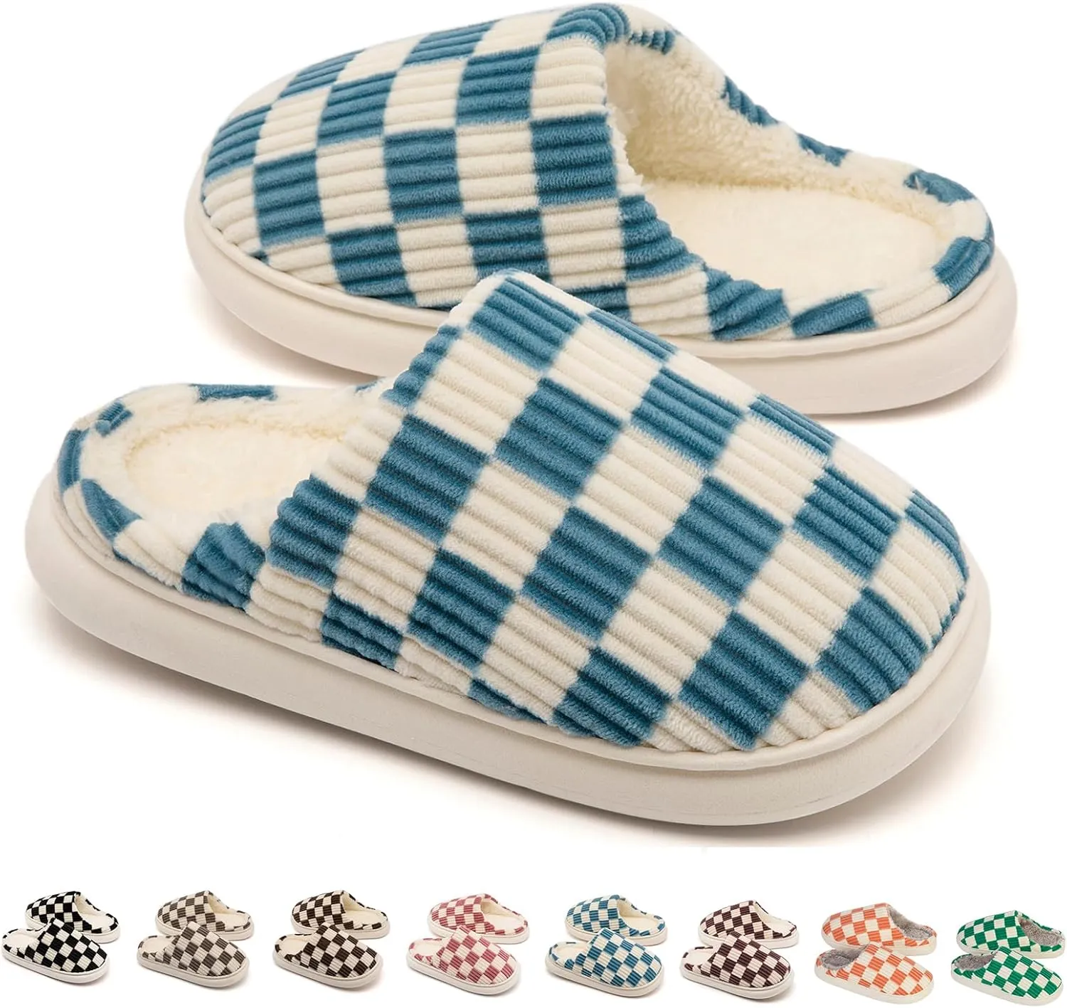 House Slippers for Woman Men, Womens Slippers on Fuzzy House Shoes Memory Foam Checkered Scuff Outdoor Indoor Warm Plush Bedroom Shoes with Faux Fur Lining Size