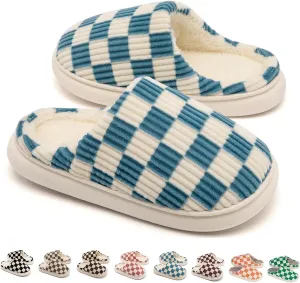 House Slippers for Woman Men, Womens Slippers on Fuzzy House Shoes Memory Foam Checkered Scuff Outdoor Indoor Warm Plush Bedroom Shoes with Faux Fur Lining Size