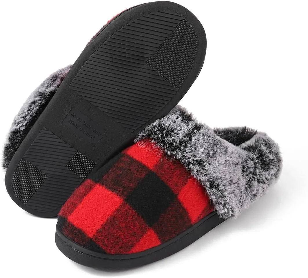 House Slippers for Woman Men, womens slippers on House Shoes Cozy Memory Foam Scuff plaid slippers with Fuzzy Faux Fur Comfortable Non-Slip Warm Fuzzy Checkered Slippers Indoor outdoor