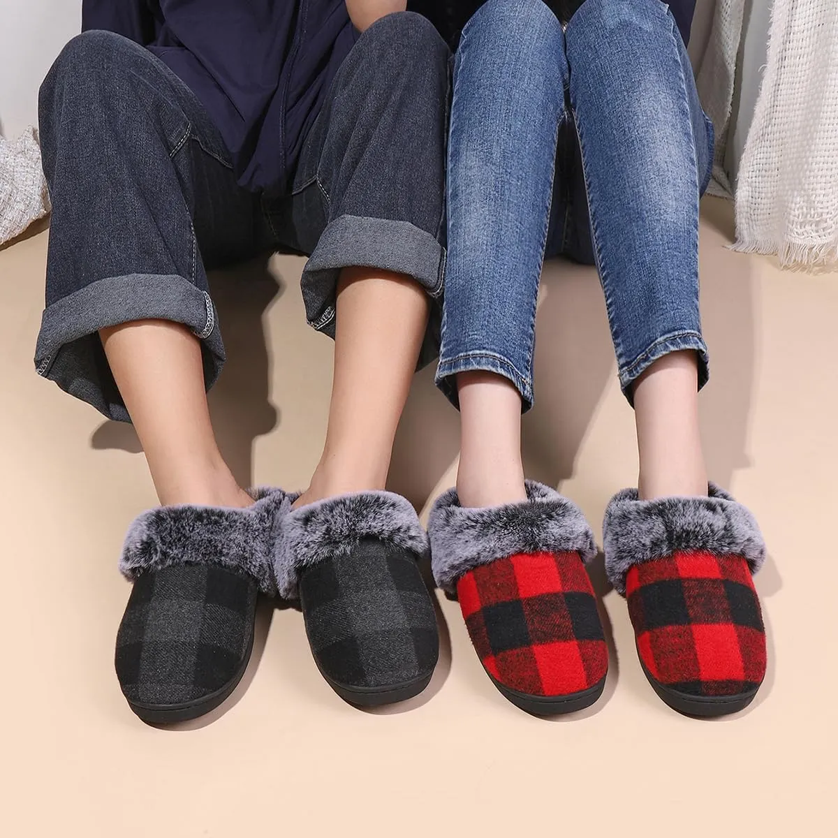 House Slippers for Woman Men, womens slippers on House Shoes Cozy Memory Foam Scuff plaid slippers with Fuzzy Faux Fur Comfortable Non-Slip Warm Fuzzy Checkered Slippers Indoor outdoor
