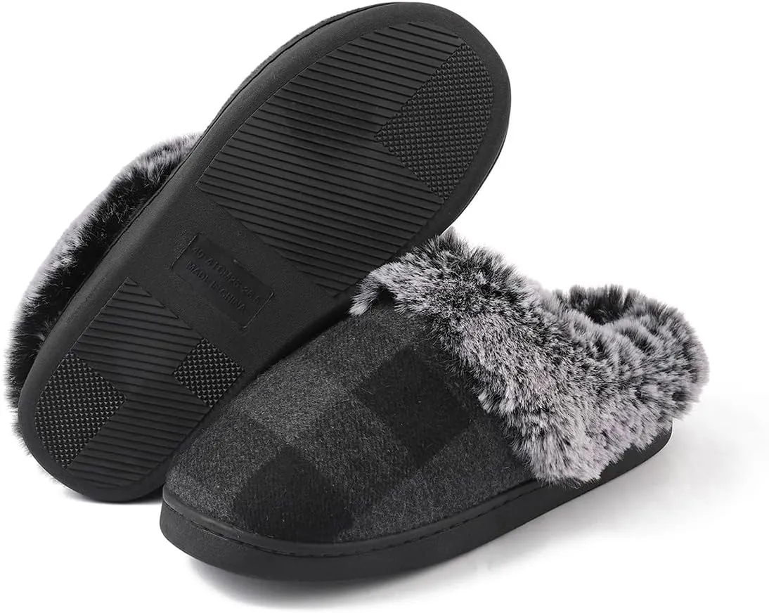 House Slippers for Woman Men, womens slippers on House Shoes Cozy Memory Foam Scuff plaid slippers with Fuzzy Faux Fur Comfortable Non-Slip Warm Fuzzy Checkered Slippers Indoor outdoor
