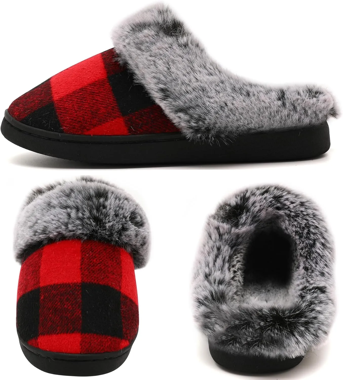 House Slippers for Woman Men, womens slippers on House Shoes Cozy Memory Foam Scuff plaid slippers with Fuzzy Faux Fur Comfortable Non-Slip Warm Fuzzy Checkered Slippers Indoor outdoor