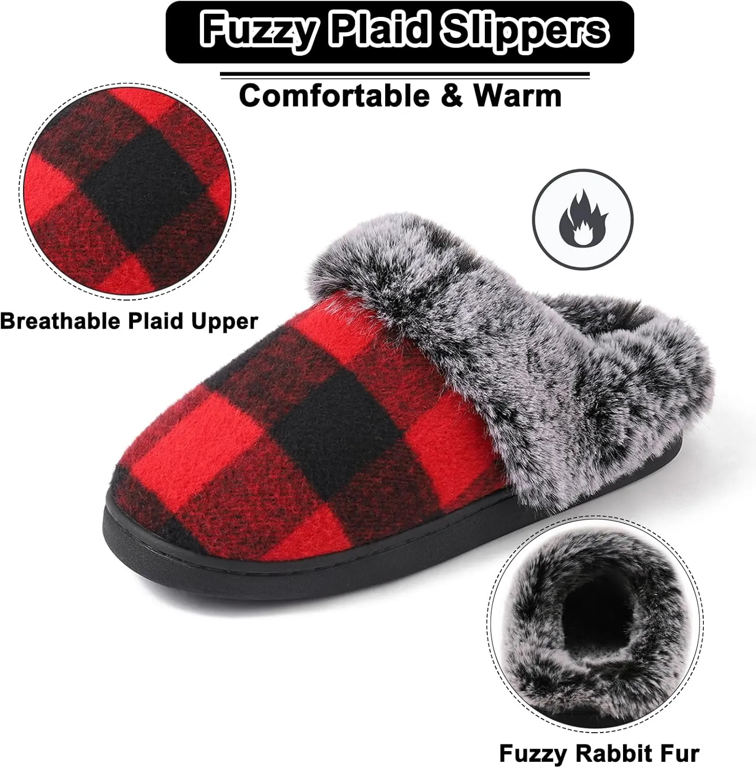 House Slippers for Woman Men, womens slippers on House Shoes Cozy Memory Foam Scuff plaid slippers with Fuzzy Faux Fur Comfortable Non-Slip Warm Fuzzy Checkered Slippers Indoor outdoor