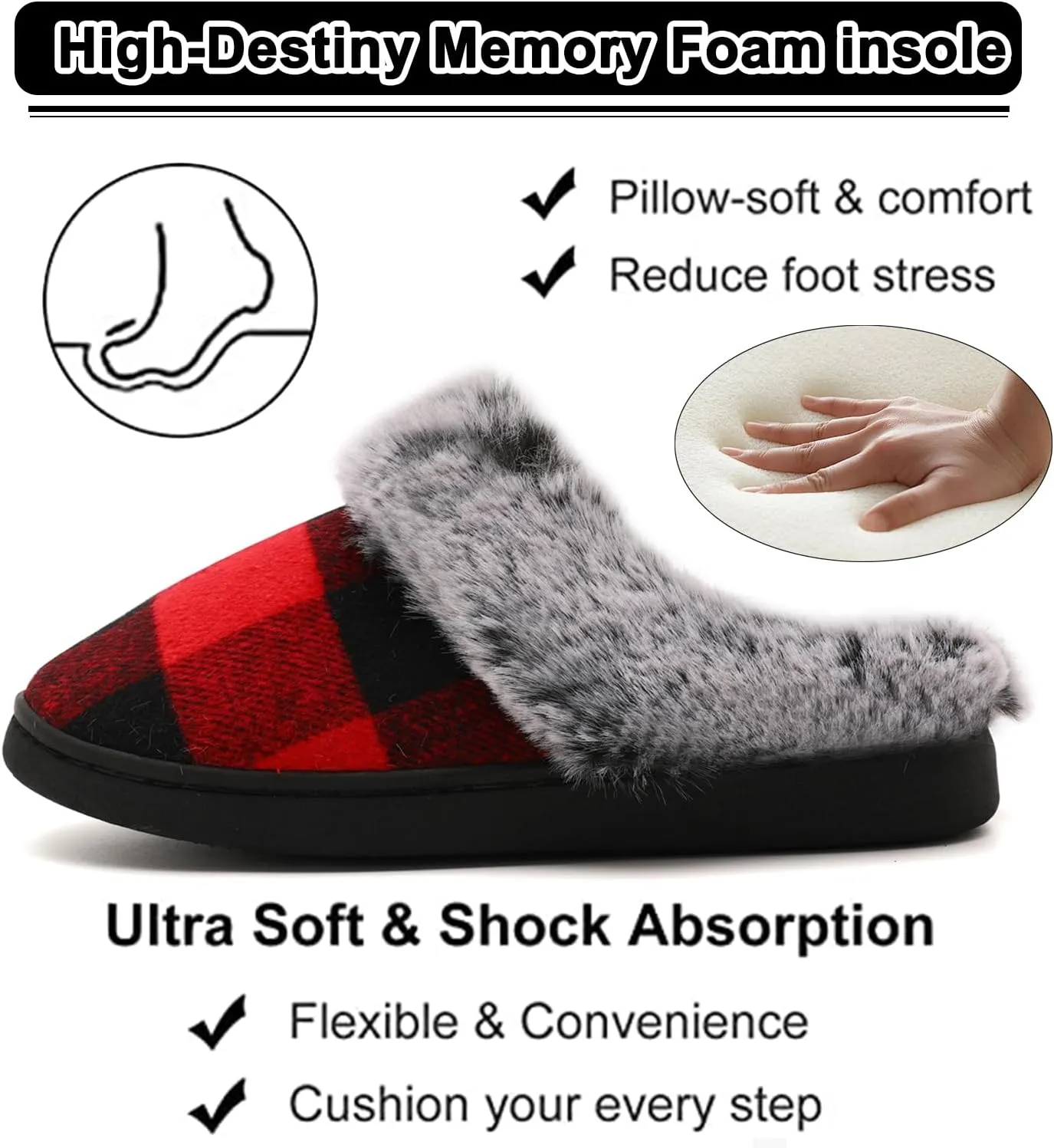 House Slippers for Woman Men, womens slippers on House Shoes Cozy Memory Foam Scuff plaid slippers with Fuzzy Faux Fur Comfortable Non-Slip Warm Fuzzy Checkered Slippers Indoor outdoor