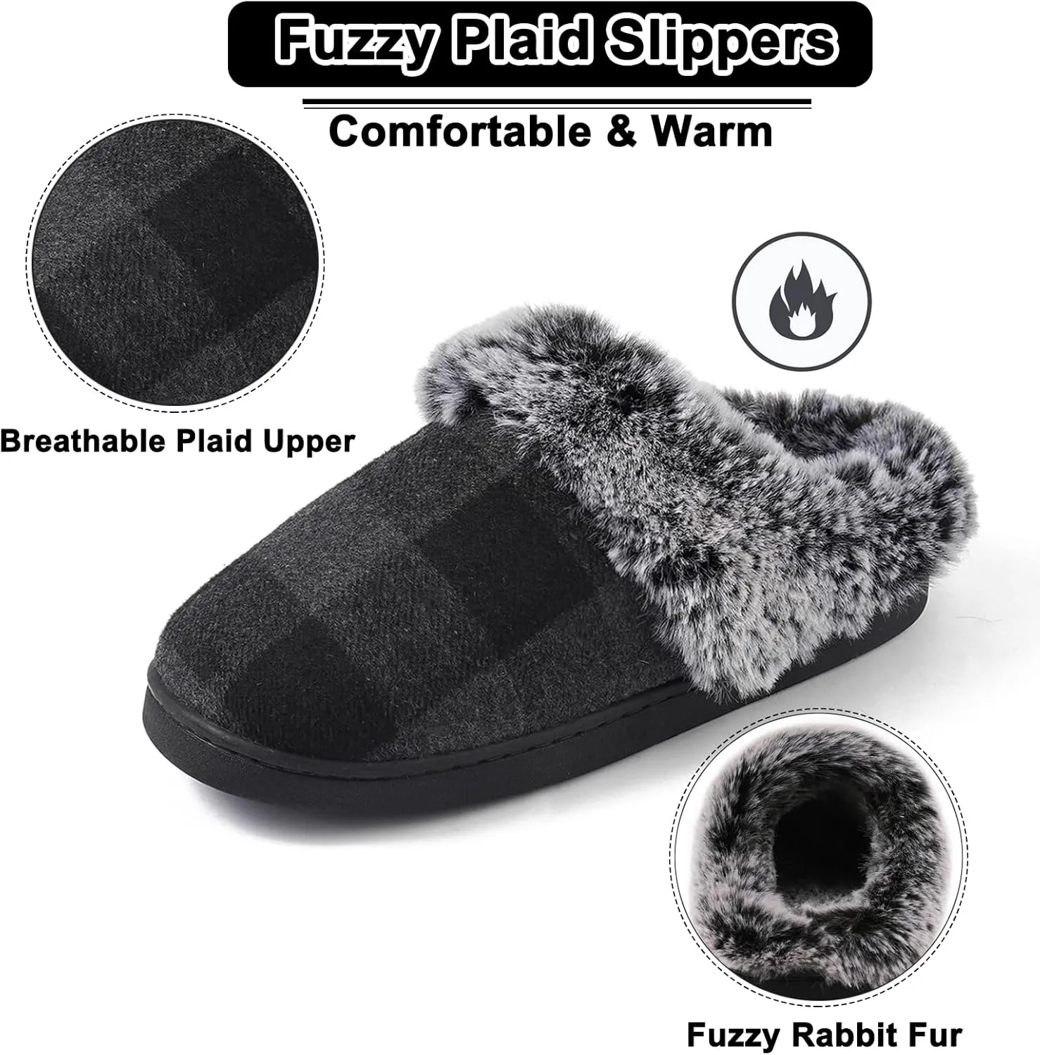 House Slippers for Woman Men, womens slippers on House Shoes Cozy Memory Foam Scuff plaid slippers with Fuzzy Faux Fur Comfortable Non-Slip Warm Fuzzy Checkered Slippers Indoor outdoor