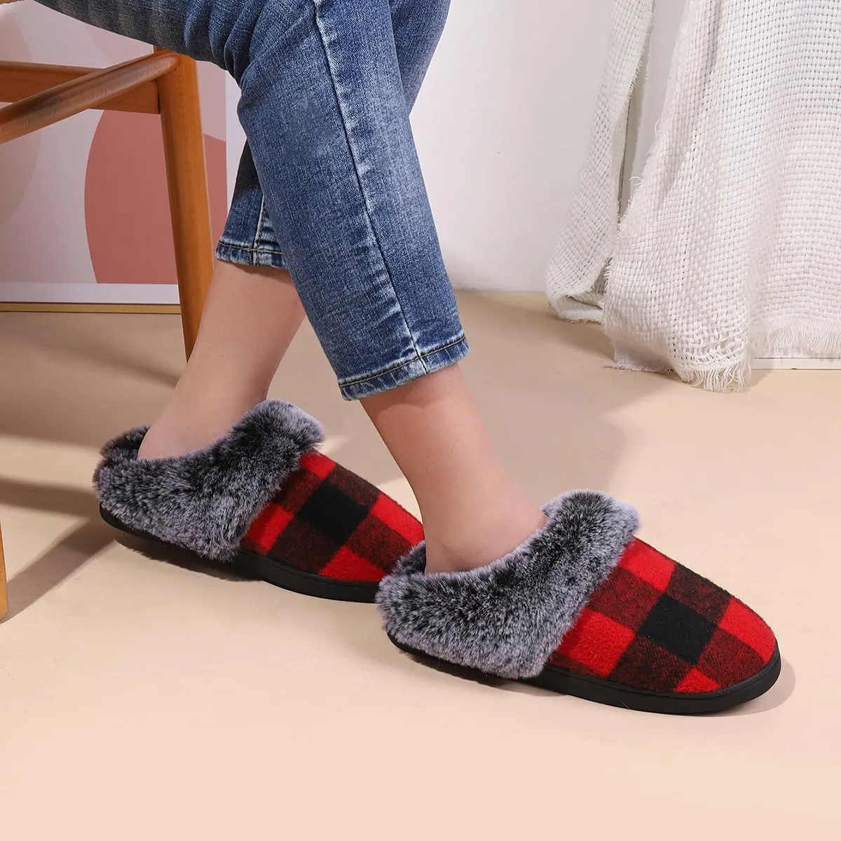 House Slippers for Woman Men, womens slippers on House Shoes Cozy Memory Foam Scuff plaid slippers with Fuzzy Faux Fur Comfortable Non-Slip Warm Fuzzy Checkered Slippers Indoor outdoor