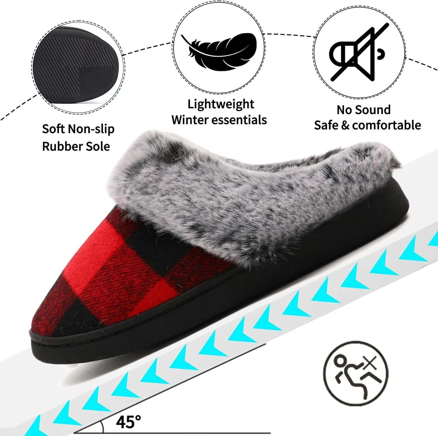 House Slippers for Woman Men, womens slippers on House Shoes Cozy Memory Foam Scuff plaid slippers with Fuzzy Faux Fur Comfortable Non-Slip Warm Fuzzy Checkered Slippers Indoor outdoor