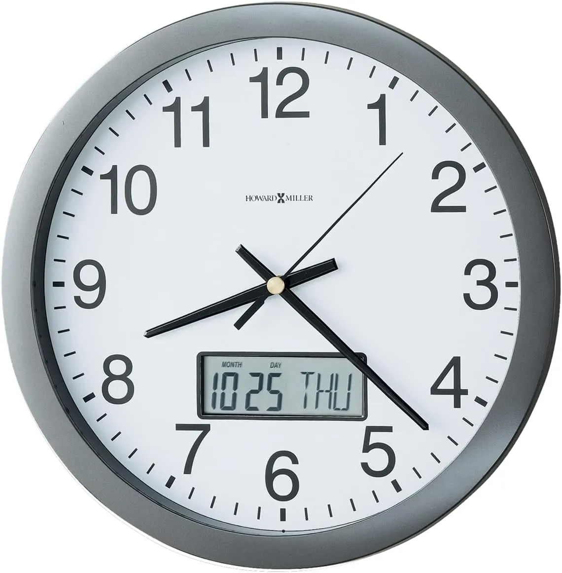 Howard Miller Chronicle Wall Clock, Grey Finishing LCD Calendar with Round Analog Dial & Arabic Numerals, Quartz Movement Wall Mount Perfect Timepiece for Home Decor, Living Room & Office