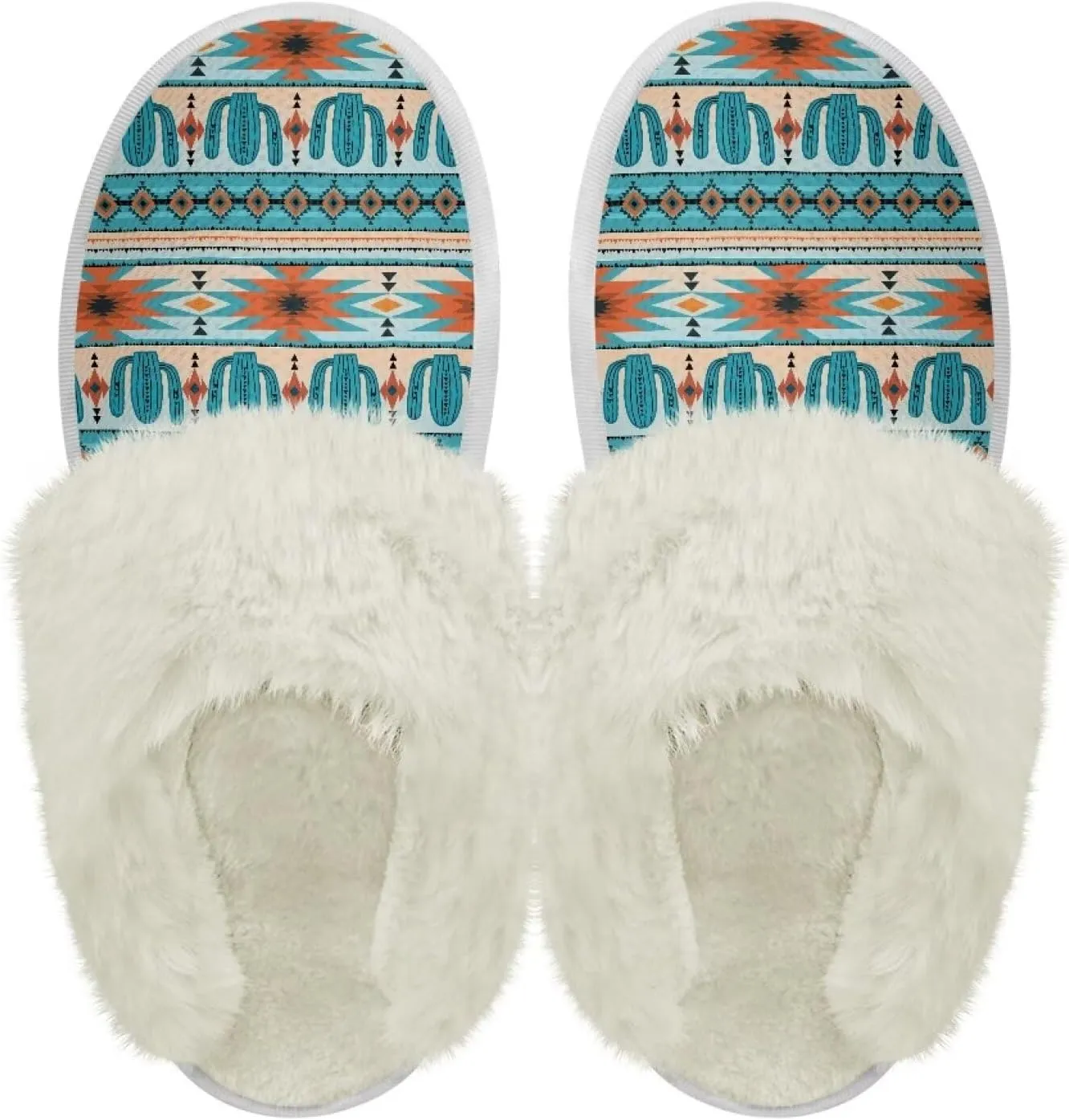 Howilath Western Aztec Fuzzy Slippers Women Warm House Shoes with Anti-Skid Sole Plush Slippers