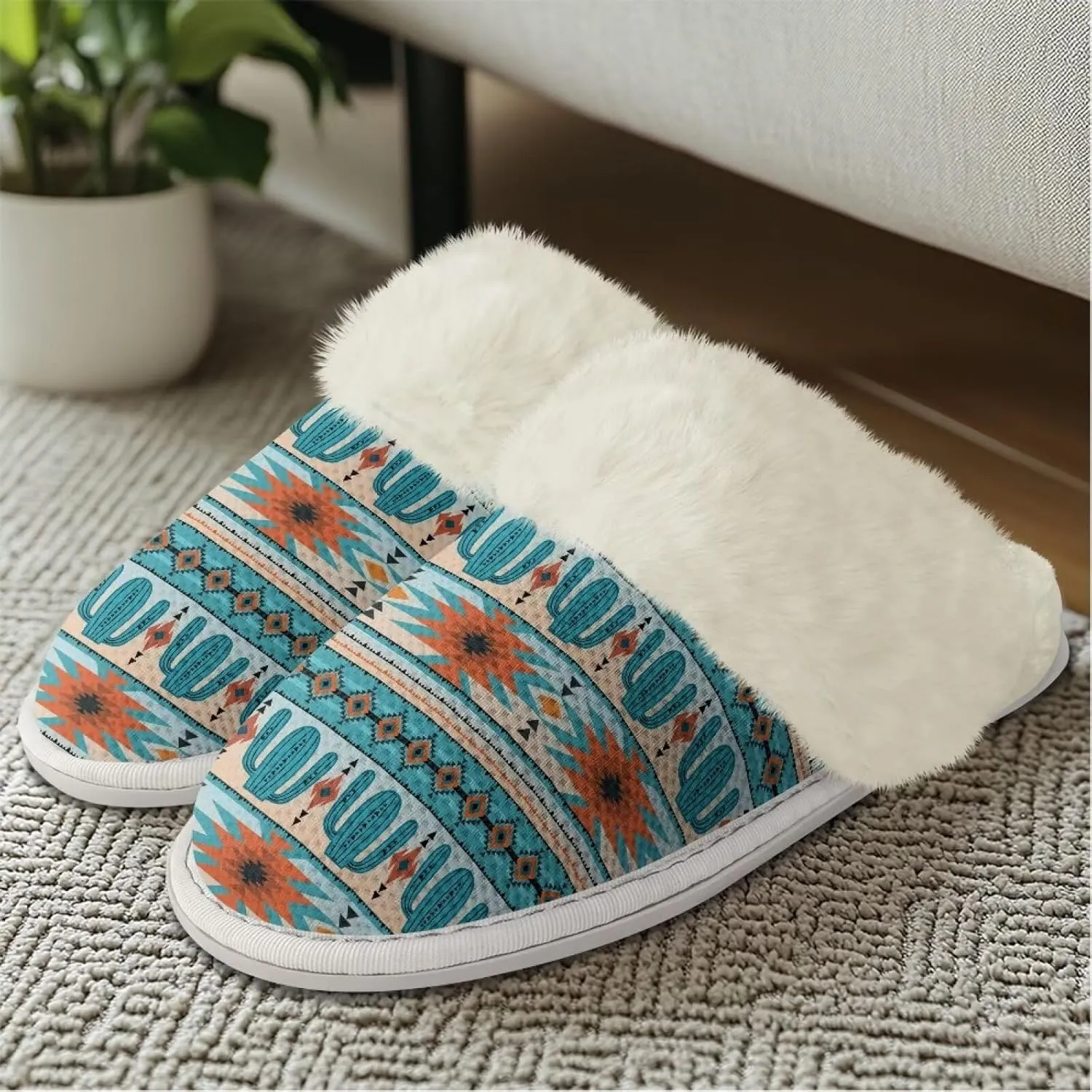 Howilath Western Aztec Fuzzy Slippers Women Warm House Shoes with Anti-Skid Sole Plush Slippers