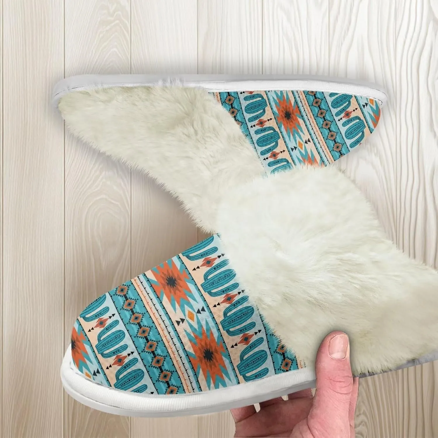 Howilath Western Aztec Fuzzy Slippers Women Warm House Shoes with Anti-Skid Sole Plush Slippers
