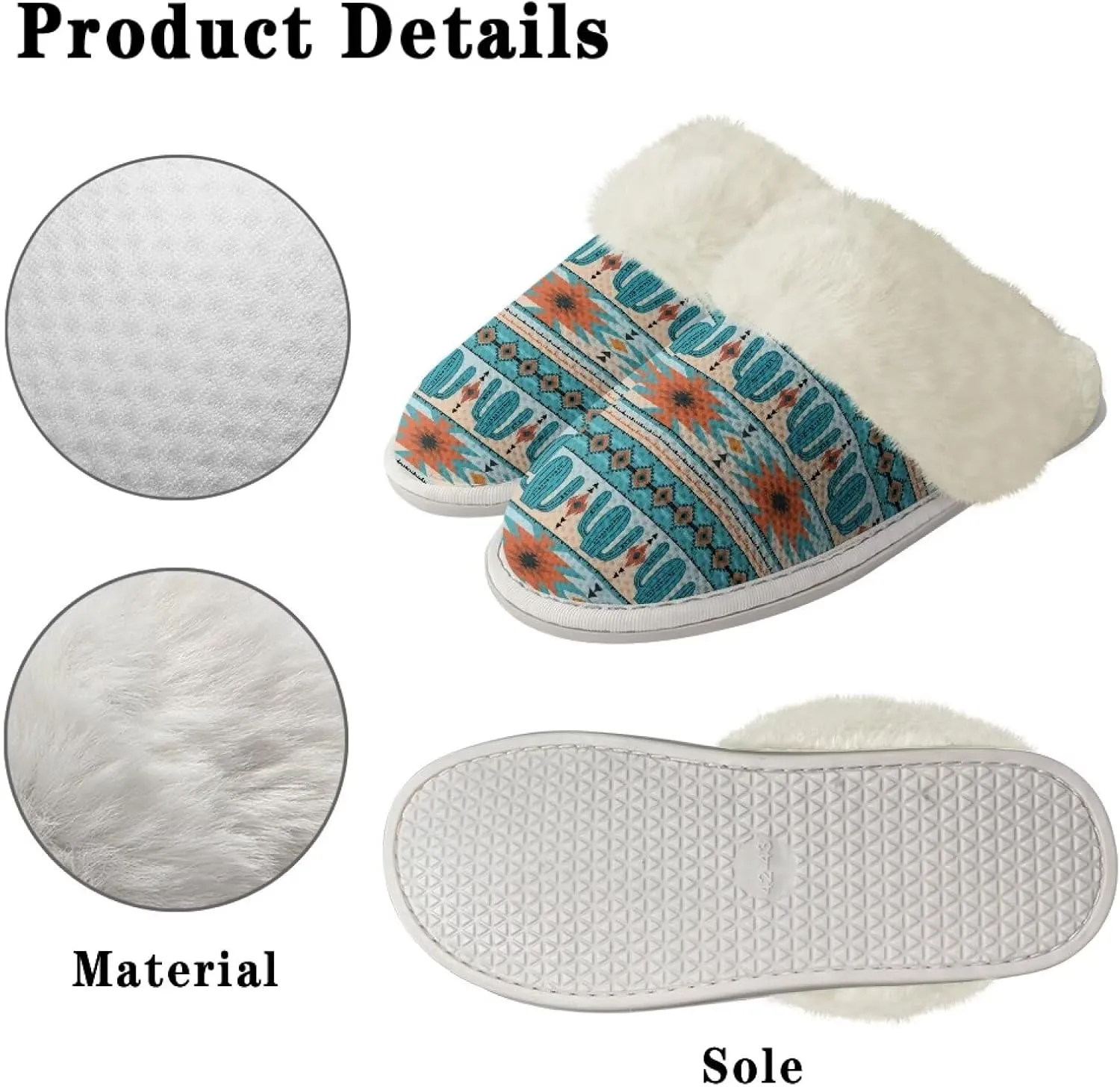 Howilath Western Aztec Fuzzy Slippers Women Warm House Shoes with Anti-Skid Sole Plush Slippers