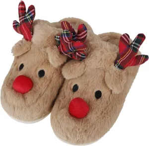 Ibluelover Winter Reindeer Slippers for Couple Faux Rabbit Fur Slippers Christmas House Indoor Slippers Anti-Slip Xmas Warm Shoes