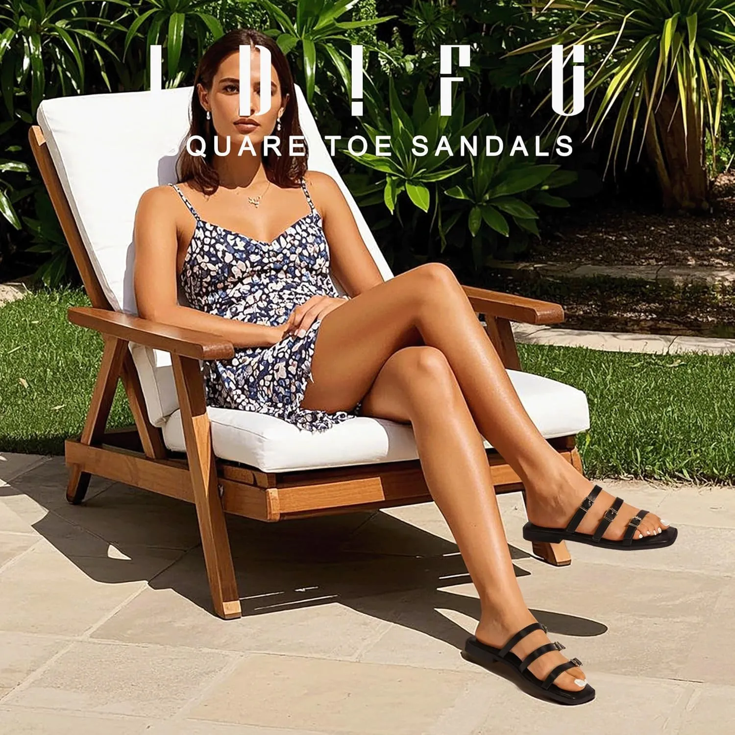 IDIFU Womens Strappy Flat Sandals Square Open Toe Gladiator Slides Sandals Three Adjustable Buckle Straps Slip On Summer Dress Shoes Beach Wedding Prom Work Travel Trendy Dressy Casual Cute Sandals