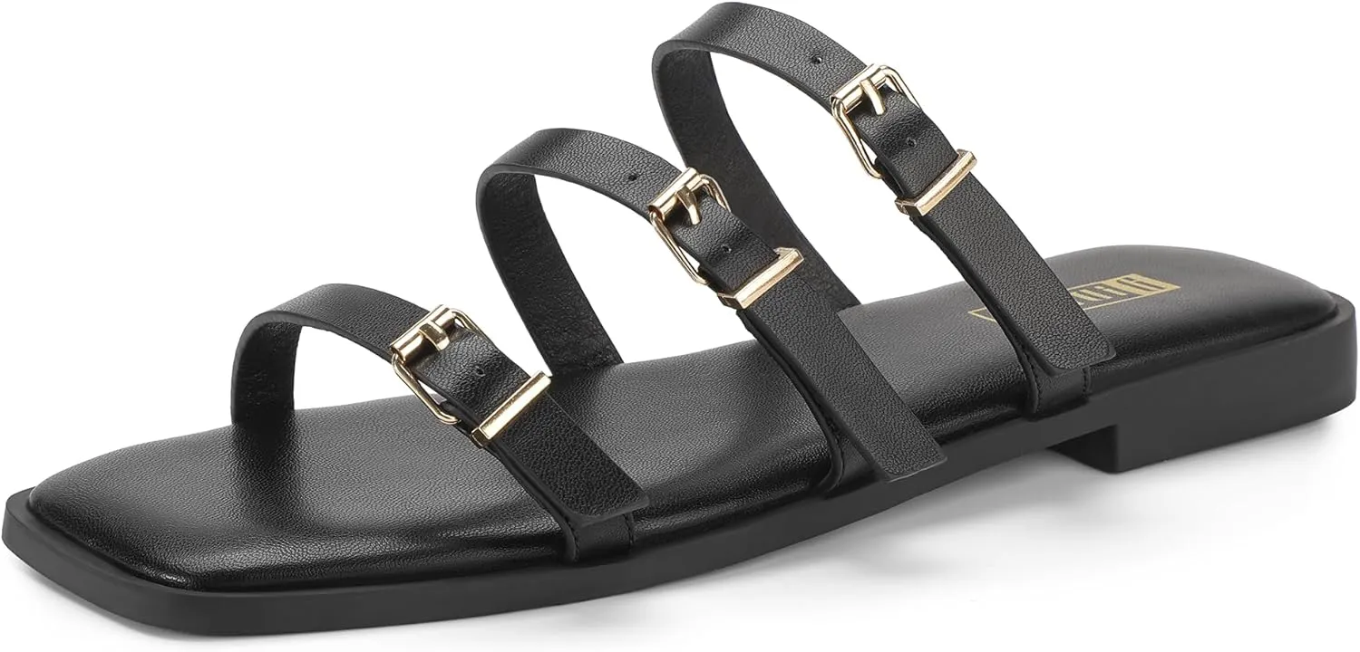 IDIFU Womens Strappy Flat Sandals Square Open Toe Gladiator Slides Sandals Three Adjustable Buckle Straps Slip On Summer Dress Shoes Beach Wedding Prom Work Travel Trendy Dressy Casual Cute Sandals