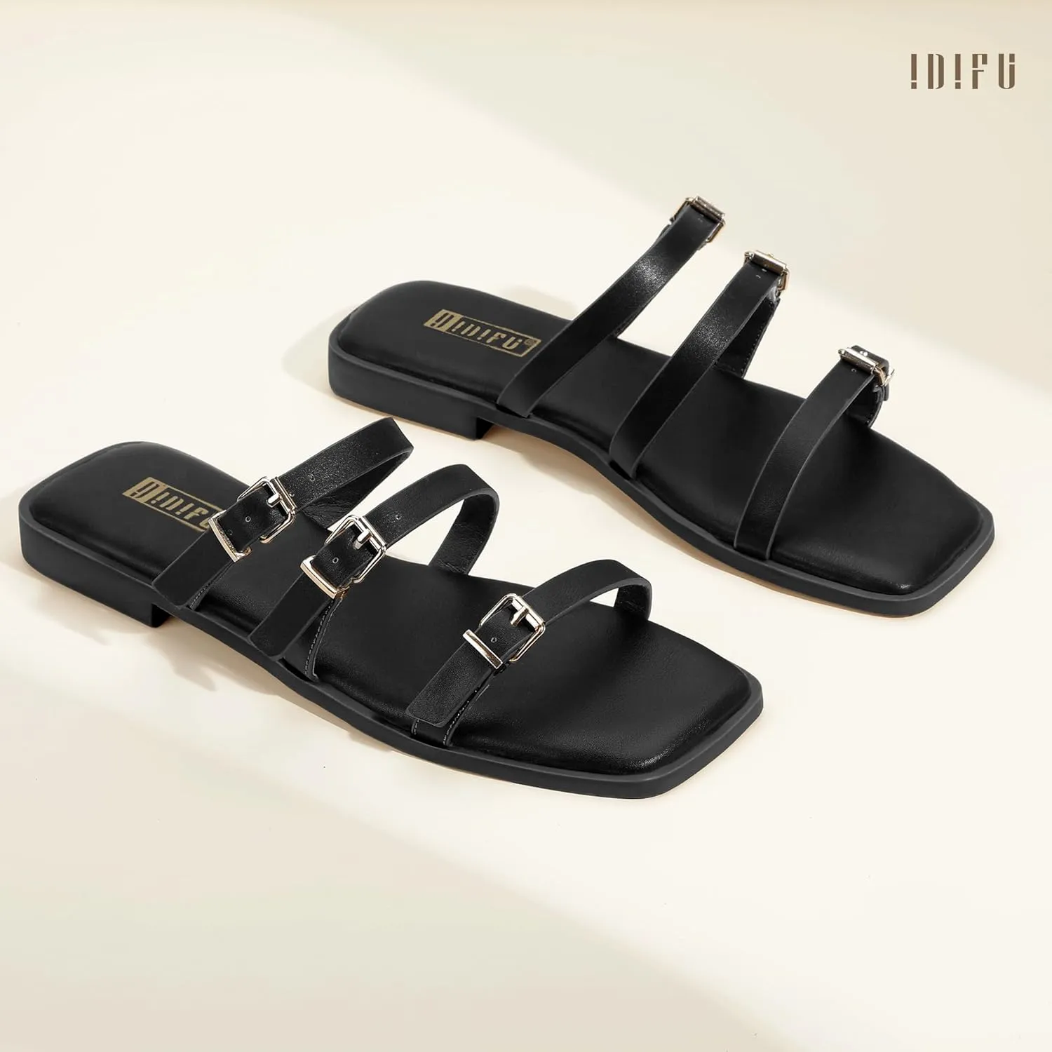 IDIFU Womens Strappy Flat Sandals Square Open Toe Gladiator Slides Sandals Three Adjustable Buckle Straps Slip On Summer Dress Shoes Beach Wedding Prom Work Travel Trendy Dressy Casual Cute Sandals