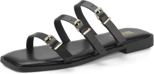 IDIFU Womens Strappy Flat Sandals Square Open Toe Gladiator Slides Sandals Three Adjustable Buckle Straps Slip On Summer Dress Shoes Beach Wedding Prom Work Travel Trendy Dressy Casual Cute Sandals