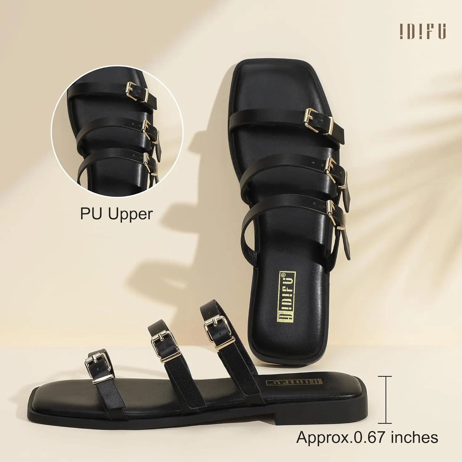 IDIFU Womens Strappy Flat Sandals Square Open Toe Gladiator Slides Sandals Three Adjustable Buckle Straps Slip On Summer Dress Shoes Beach Wedding Prom Work Travel Trendy Dressy Casual Cute Sandals