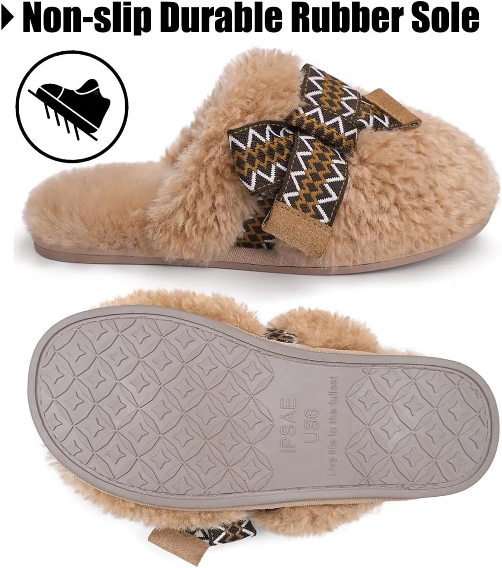IPSAE Womens Maxi Curly Slide Slippers Winter Memory Foam Slippers Cozy Fuzzy Slippers Women Gifts House Cloud Bow Slippers for Women.