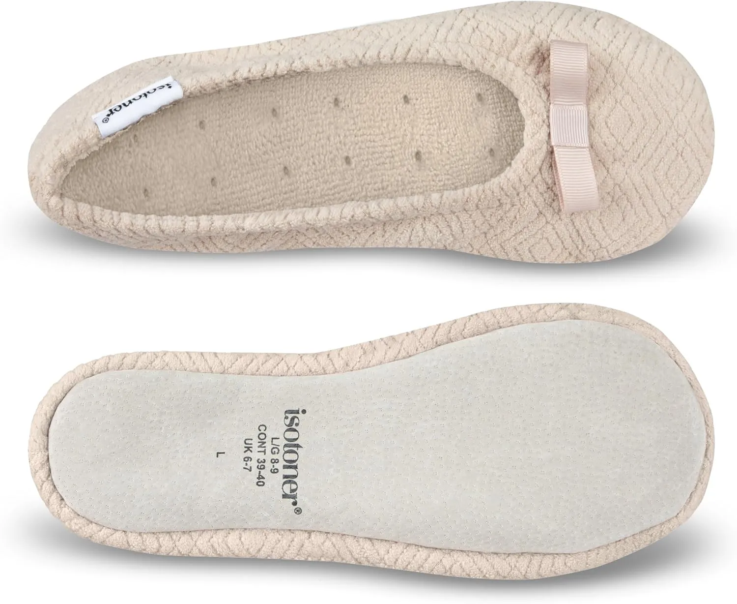 isotoner Women's Diamond Microterry Gemma Ballerina Slippers-Suede Sole with Memory Foam Comfort, Machine Washable