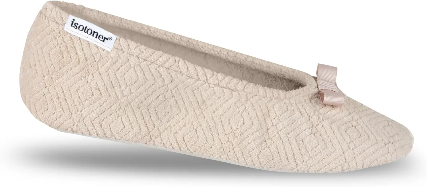 isotoner Women's Diamond Microterry Gemma Ballerina Slippers-Suede Sole with Memory Foam Comfort, Machine Washable