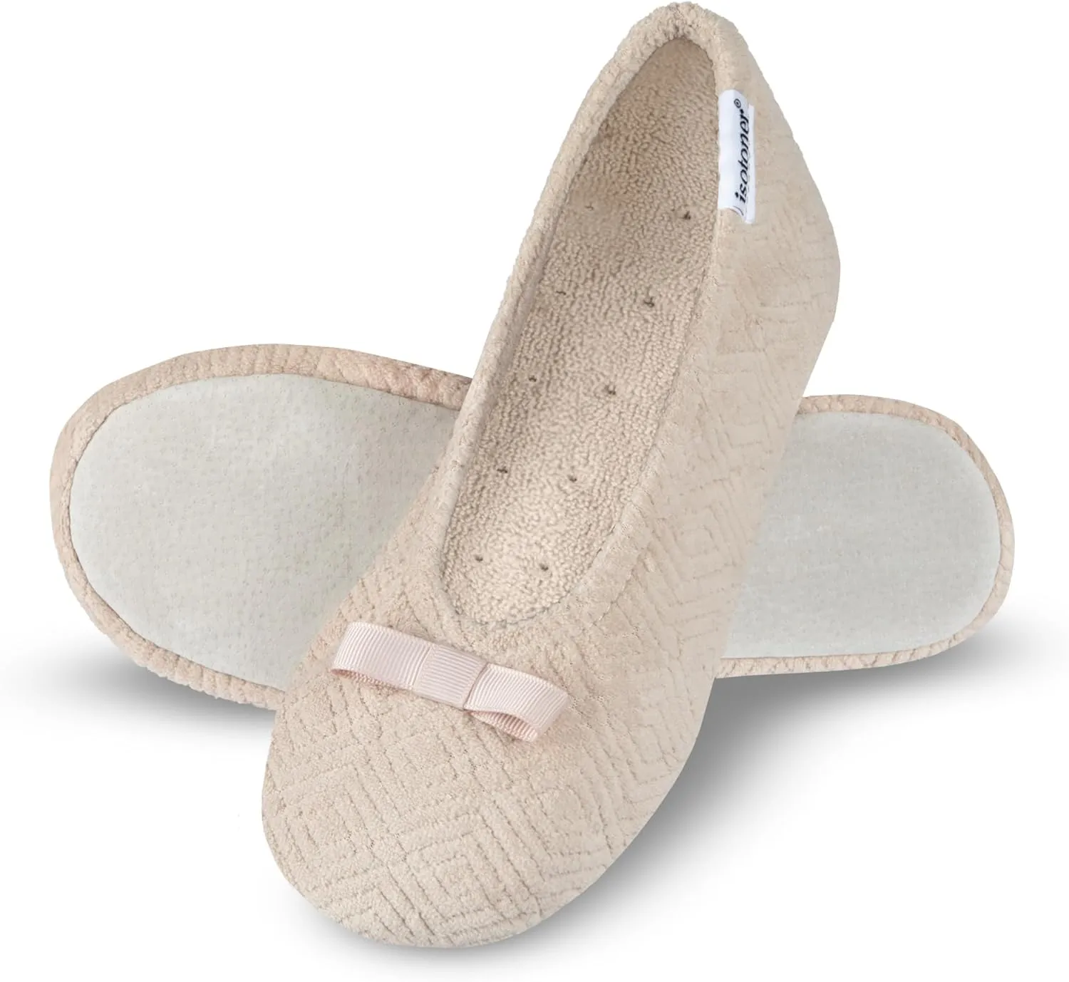 isotoner Women's Diamond Microterry Gemma Ballerina Slippers-Suede Sole with Memory Foam Comfort, Machine Washable