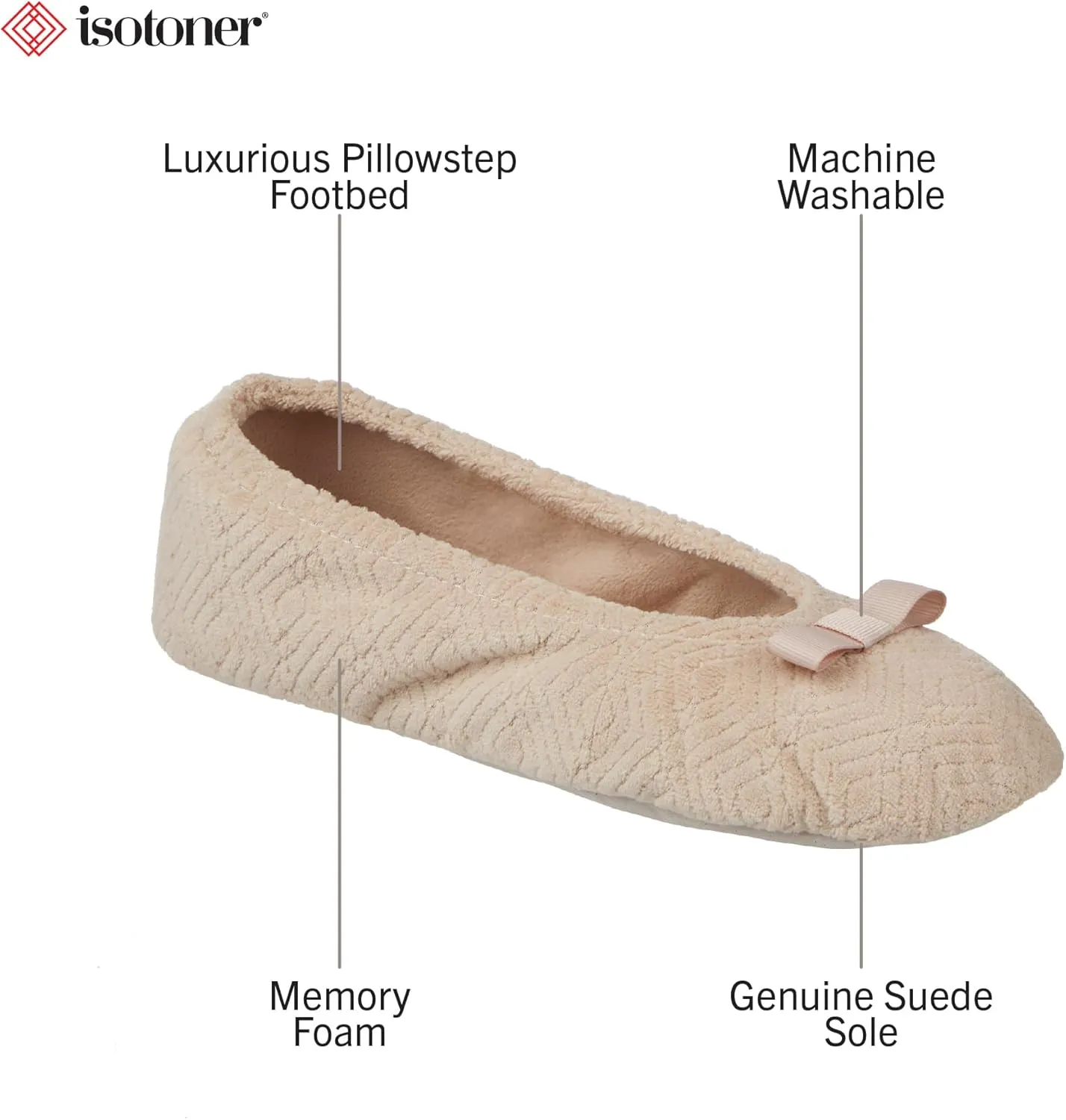 isotoner Women's Diamond Microterry Gemma Ballerina Slippers-Suede Sole with Memory Foam Comfort, Machine Washable