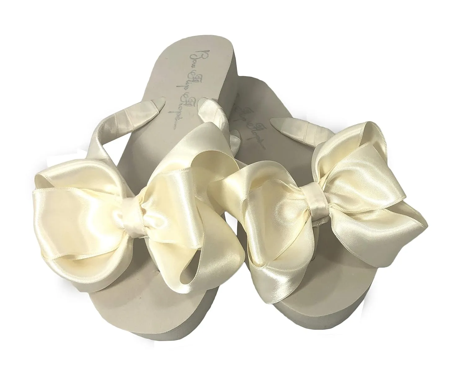 Ivory, White or Black Satin Bow Flip Flops, Wedge Heel or Flat