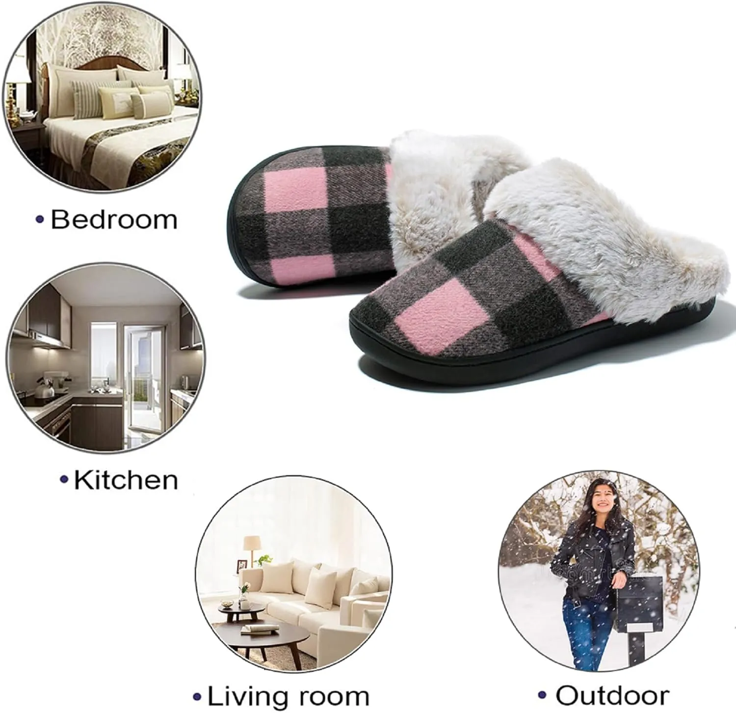 Josaywin Women's Buffalo Plaid Slippers with Memory Foam - Cozy Indoor/Outdoor Fuzzy House Shoes(Red/Black Check, Black/White Check)