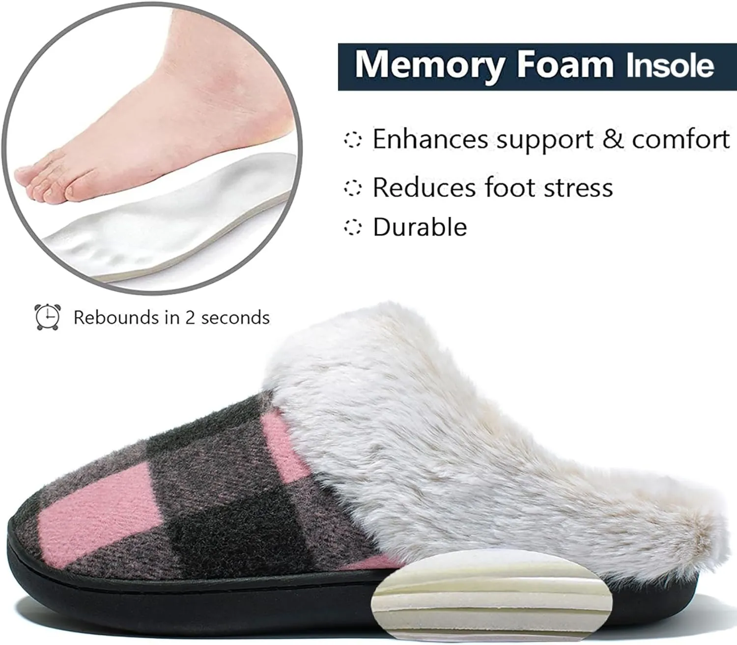 Josaywin Women's Buffalo Plaid Slippers with Memory Foam - Cozy Indoor/Outdoor Fuzzy House Shoes(Red/Black Check, Black/White Check)