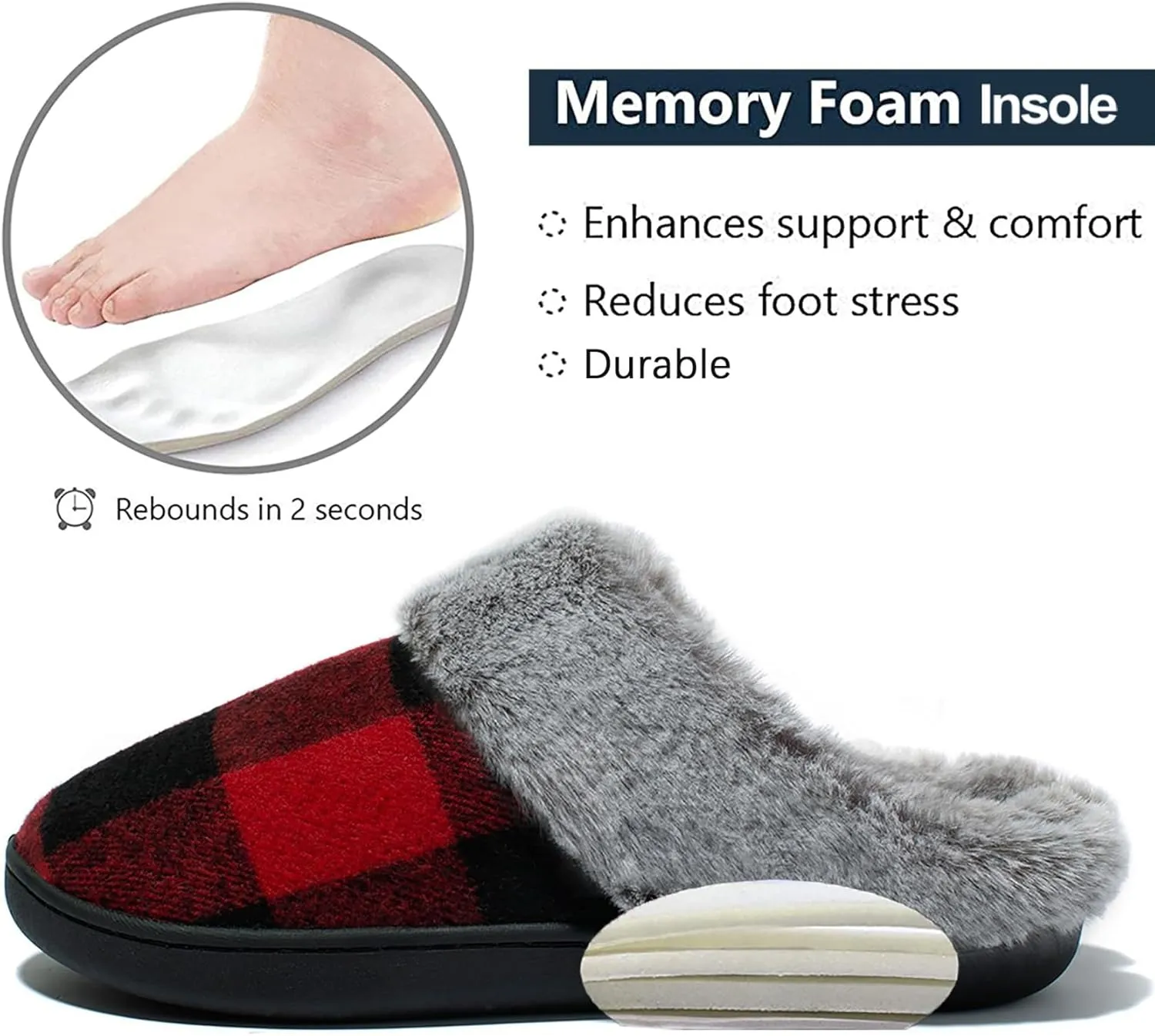 Josaywin Women's Buffalo Plaid Slippers with Memory Foam - Cozy Indoor/Outdoor Fuzzy House Shoes(Red/Black Check, Black/White Check)