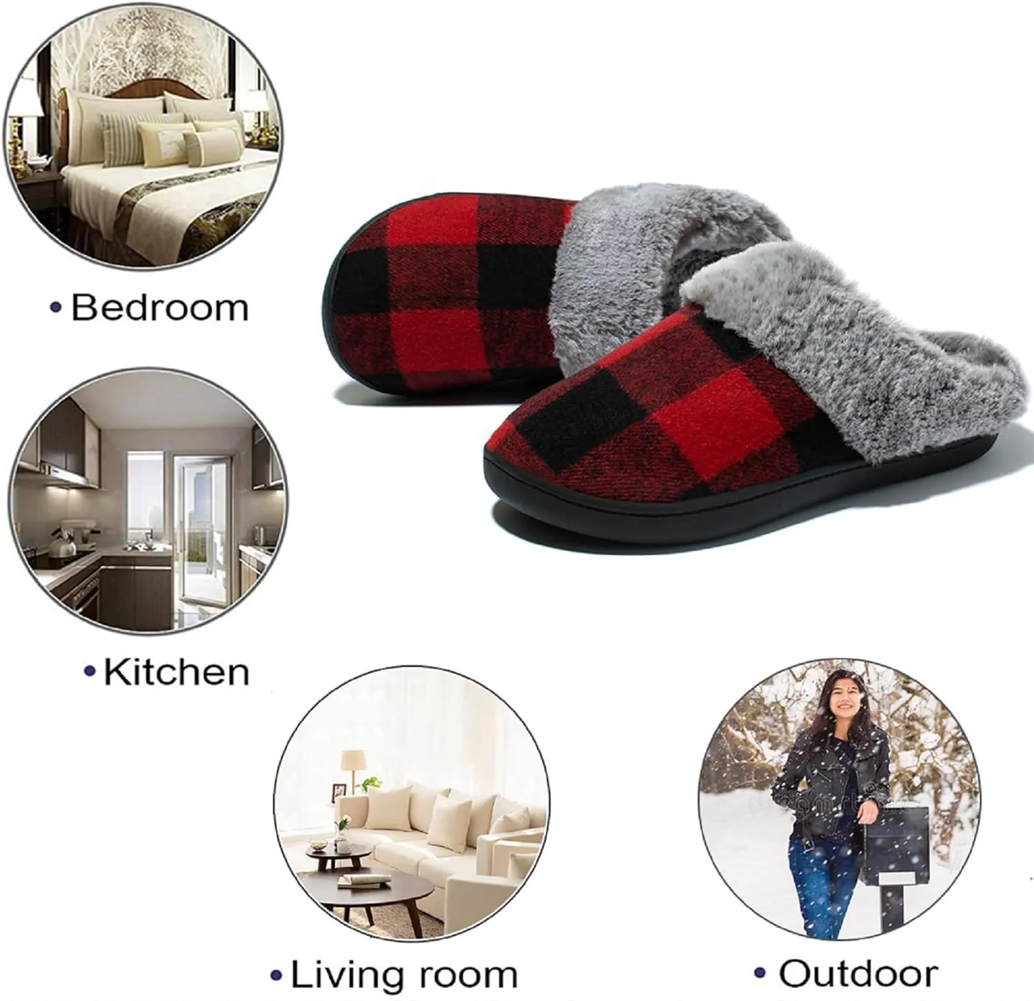 Josaywin Women's Buffalo Plaid Slippers with Memory Foam - Cozy Indoor/Outdoor Fuzzy House Shoes(Red/Black Check, Black/White Check)