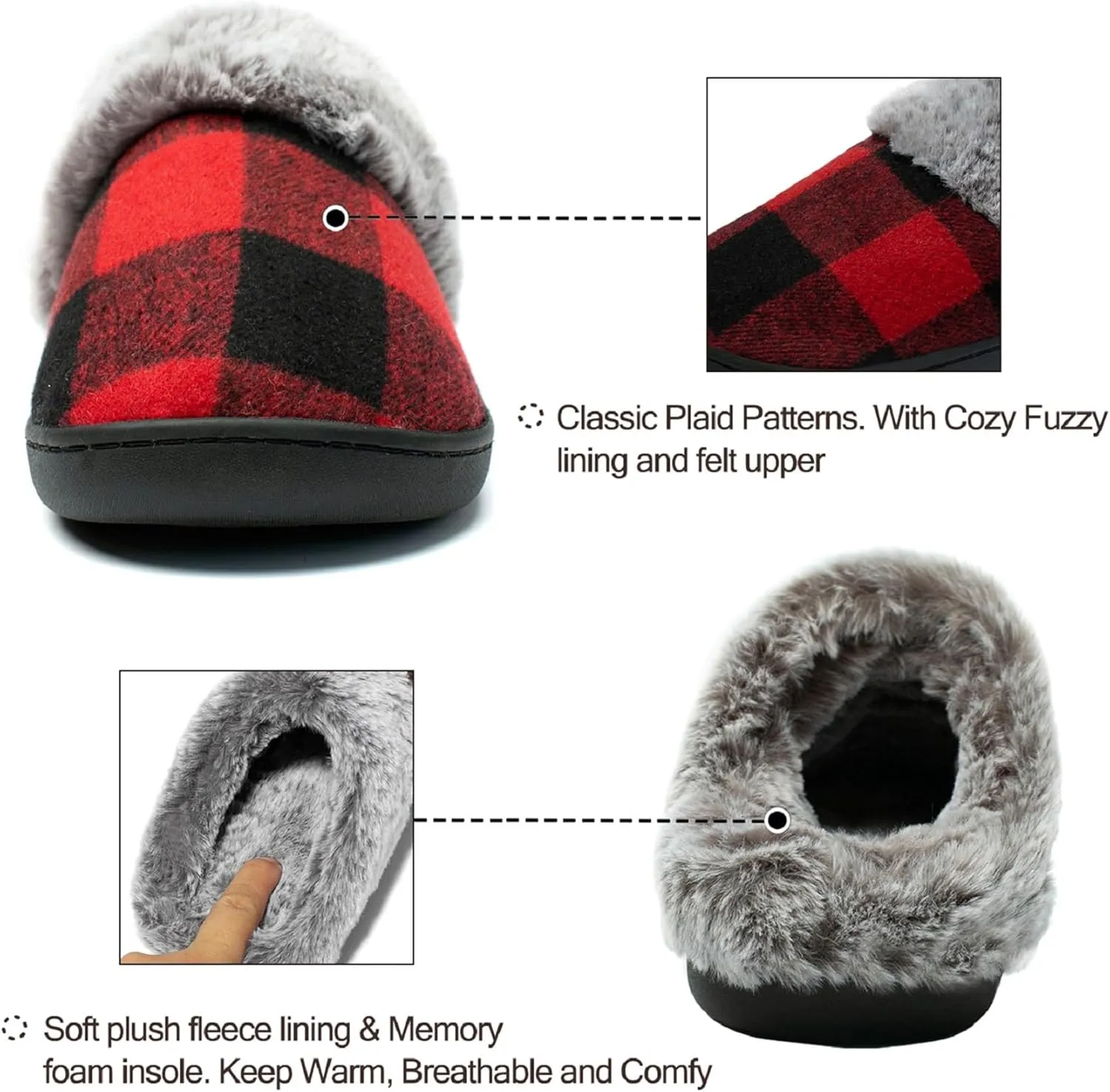 Josaywin Women's Buffalo Plaid Slippers with Memory Foam - Cozy Indoor/Outdoor Fuzzy House Shoes(Red/Black Check, Black/White Check)