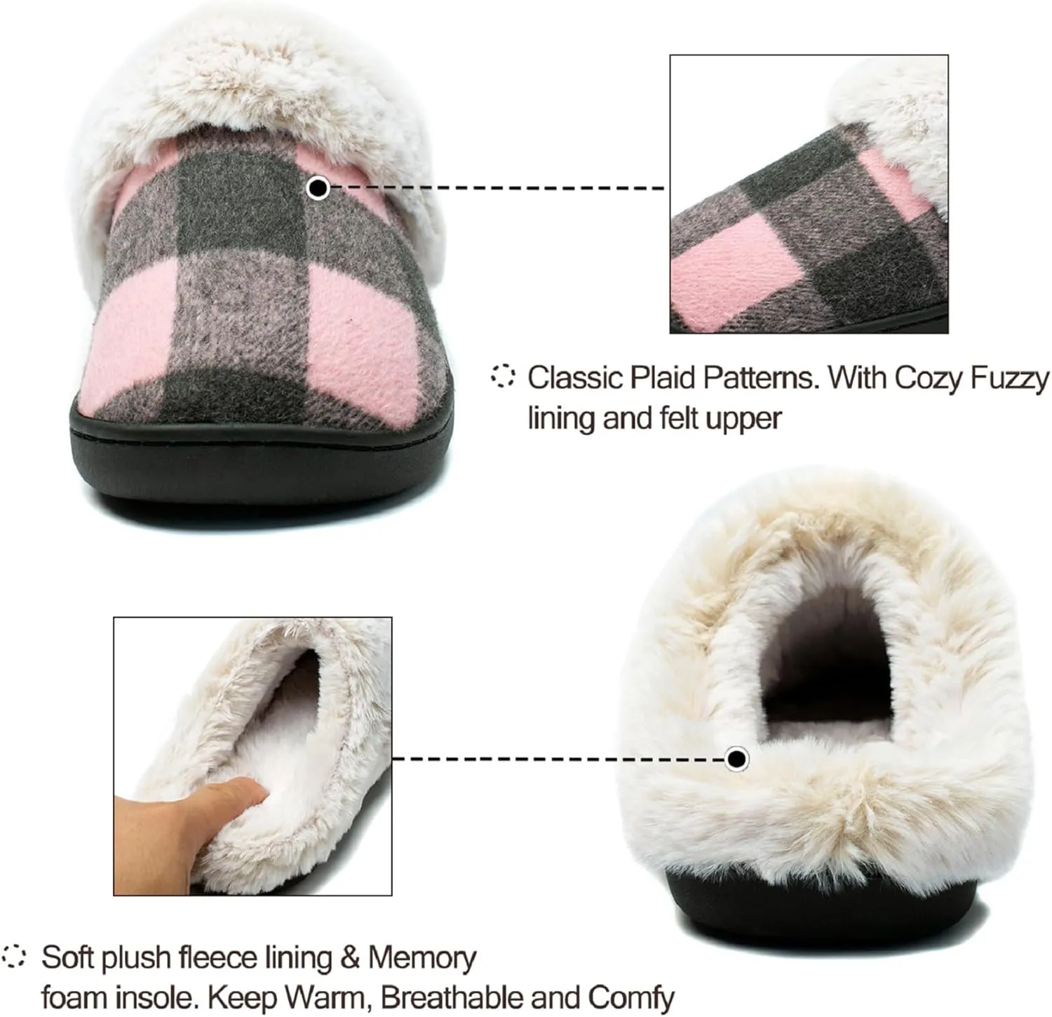 Josaywin Women's Buffalo Plaid Slippers with Memory Foam - Cozy Indoor/Outdoor Fuzzy House Shoes(Red/Black Check, Black/White Check)