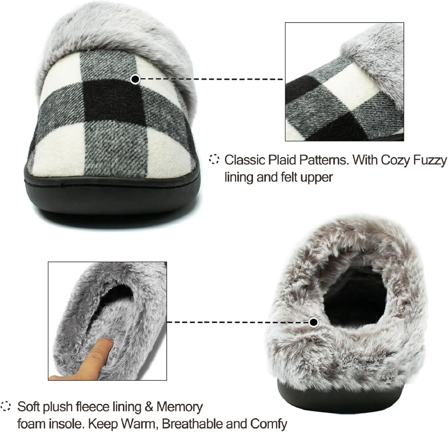 Josaywin Women's Buffalo Plaid Slippers with Memory Foam - Cozy Indoor/Outdoor Fuzzy House Shoes(Red/Black Check, Black/White Check)