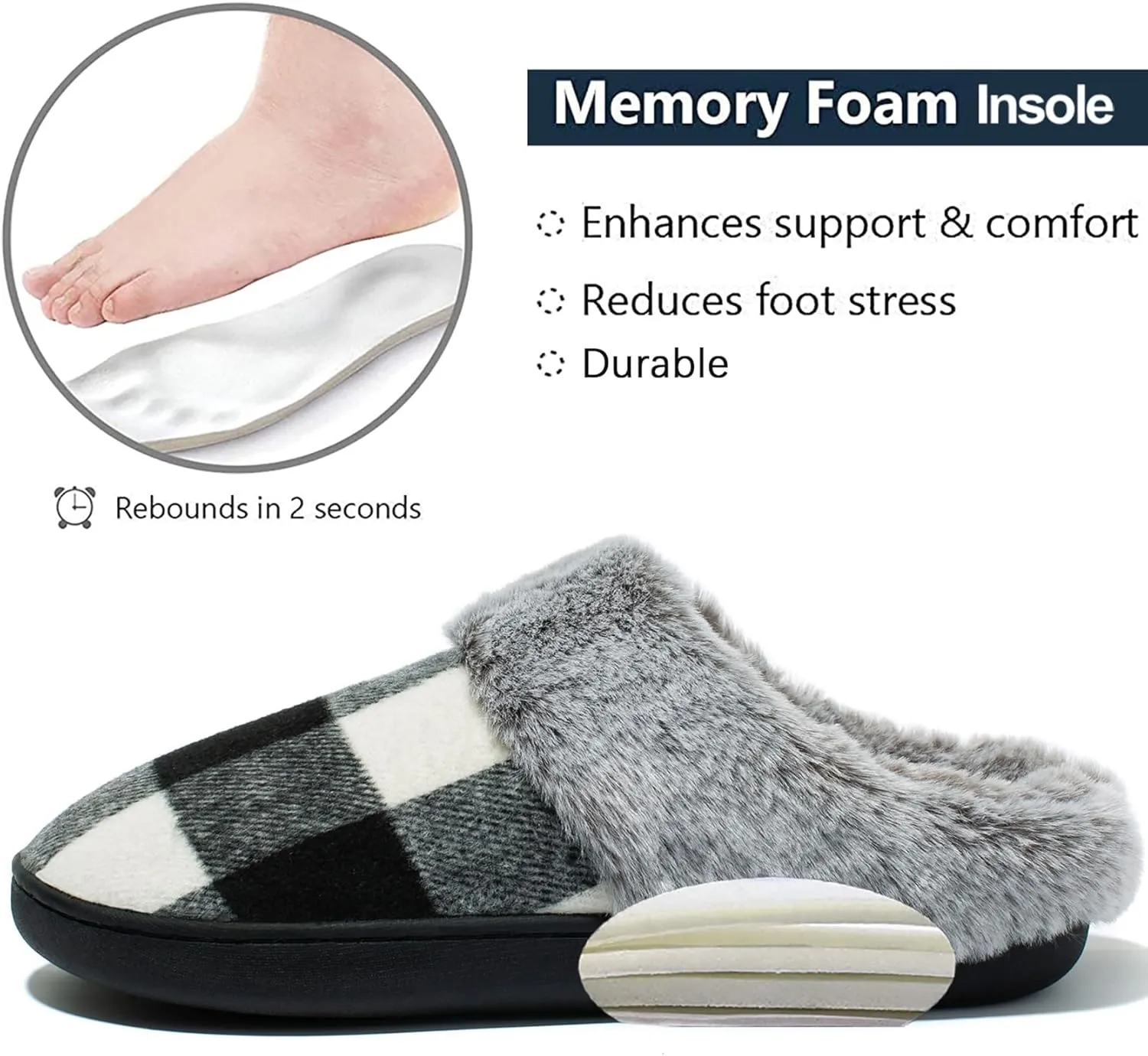 Josaywin Women's Buffalo Plaid Slippers with Memory Foam - Cozy Indoor/Outdoor Fuzzy House Shoes(Red/Black Check, Black/White Check)