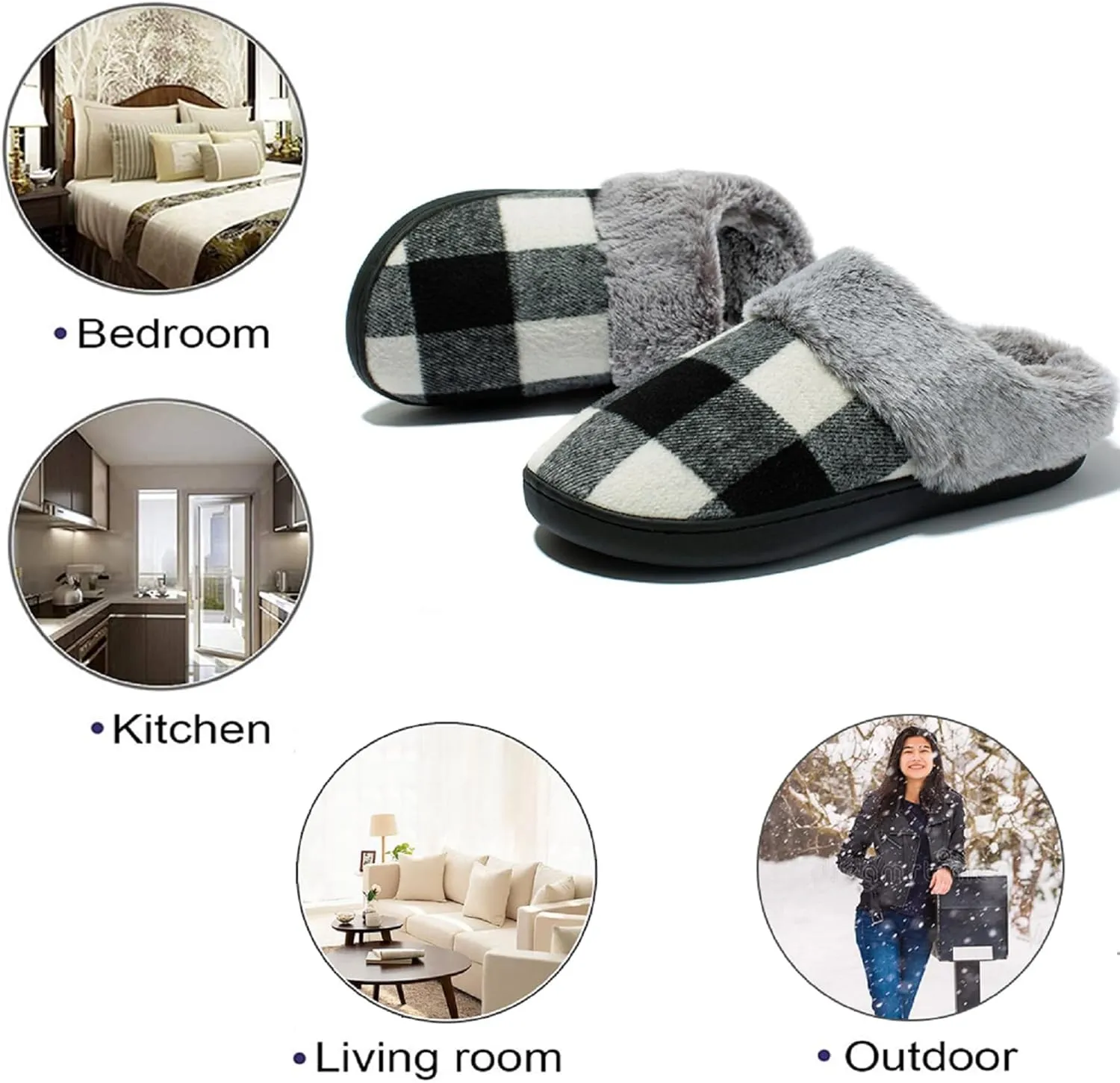 Josaywin Women's Buffalo Plaid Slippers with Memory Foam - Cozy Indoor/Outdoor Fuzzy House Shoes(Red/Black Check, Black/White Check)