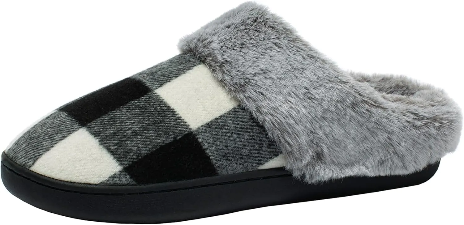 Josaywin Women's Buffalo Plaid Slippers with Memory Foam - Cozy Indoor/Outdoor Fuzzy House Shoes(Red/Black Check, Black/White Check)