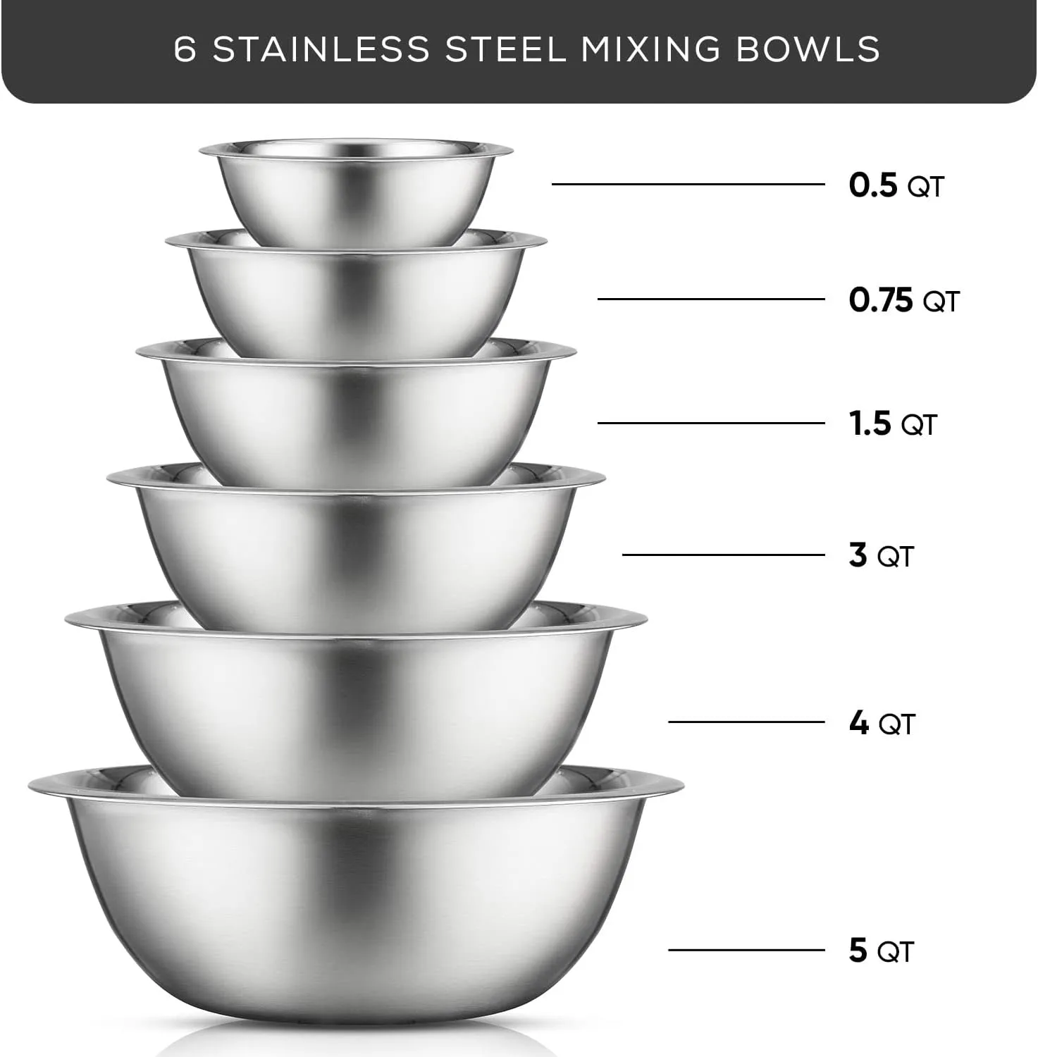 JoyJolt Stainless Steel Mixing Bowl Set - 6 Piece Nesting Bowls, 5qt to 0.5qt, Ideal for Kitchen, Cooking, Baking and Storage