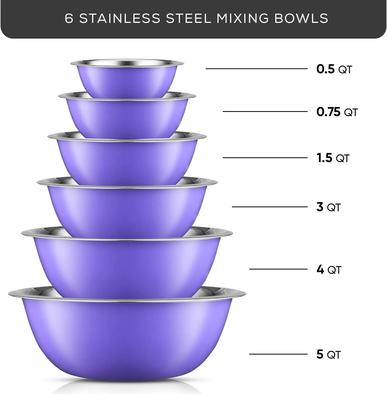 JoyJolt Stainless Steel Mixing Bowl Set of 6-5qt to 0.5qt Nesting Bowls for Dough, Batter & Baking
