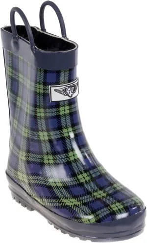 Kid's Rubber Pull Up Plaid Print Rainboots, 12, Navy