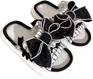 Lace Bow Knot Linen Slippers for Women, Cute House Cloud Slides, Indoor Open Toe Sandals, Comfortable Bedroom Home Shoes