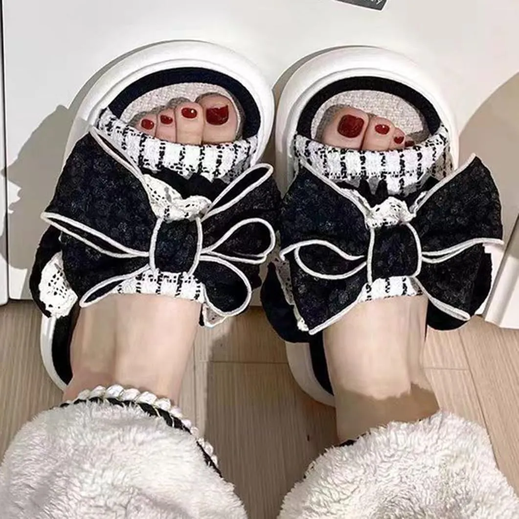 Lace Bow Knot Linen Slippers for Women, Cute House Cloud Slides, Indoor Open Toe Sandals, Comfortable Bedroom Home Shoes