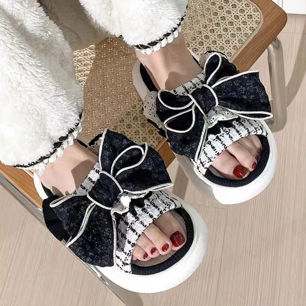 Lace Bow Knot Linen Slippers for Women, Cute House Cloud Slides, Indoor Open Toe Sandals, Comfortable Bedroom Home Shoes