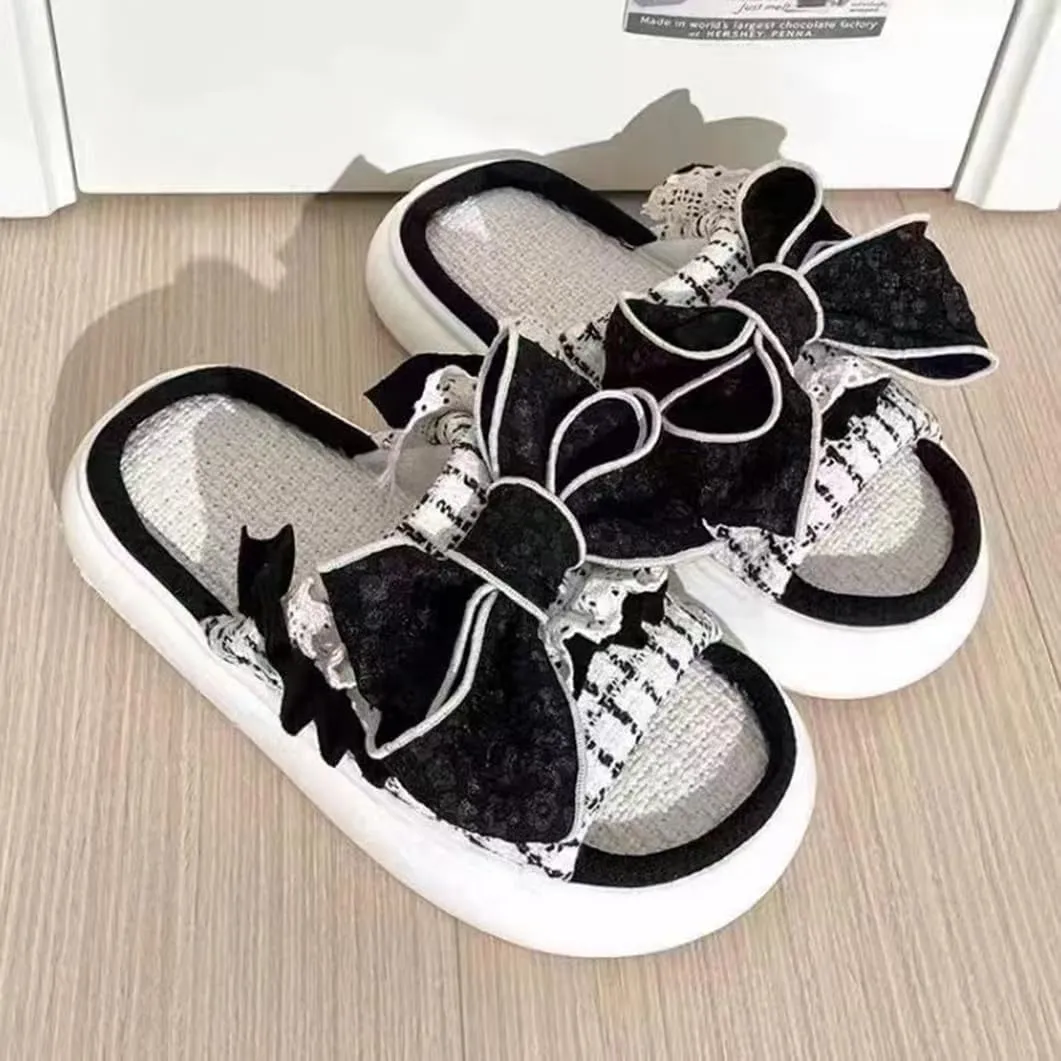 Lace Bow Knot Linen Slippers for Women, Cute House Cloud Slides, Indoor Open Toe Sandals, Comfortable Bedroom Home Shoes
