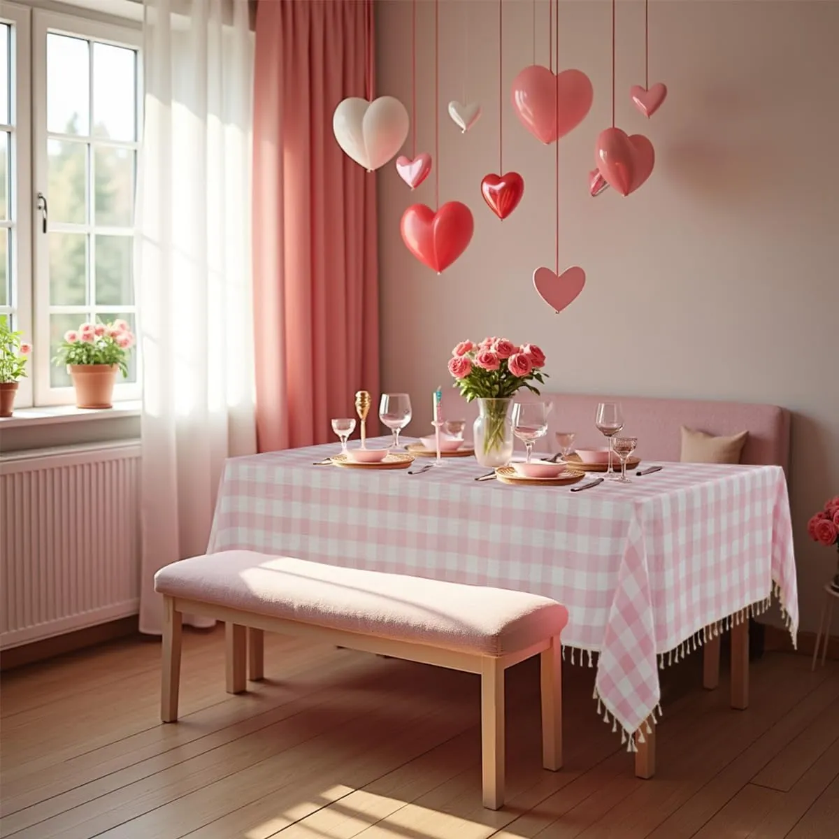 Laolitou Pink Checkered Tablecloth Rectangle Washable Buffalo Plaid Table Cloth with Tassel Cotton Linen Gingham Table Cover for Dining Room, Pink, Rectangle, 55''x120'', 10-12 Seats