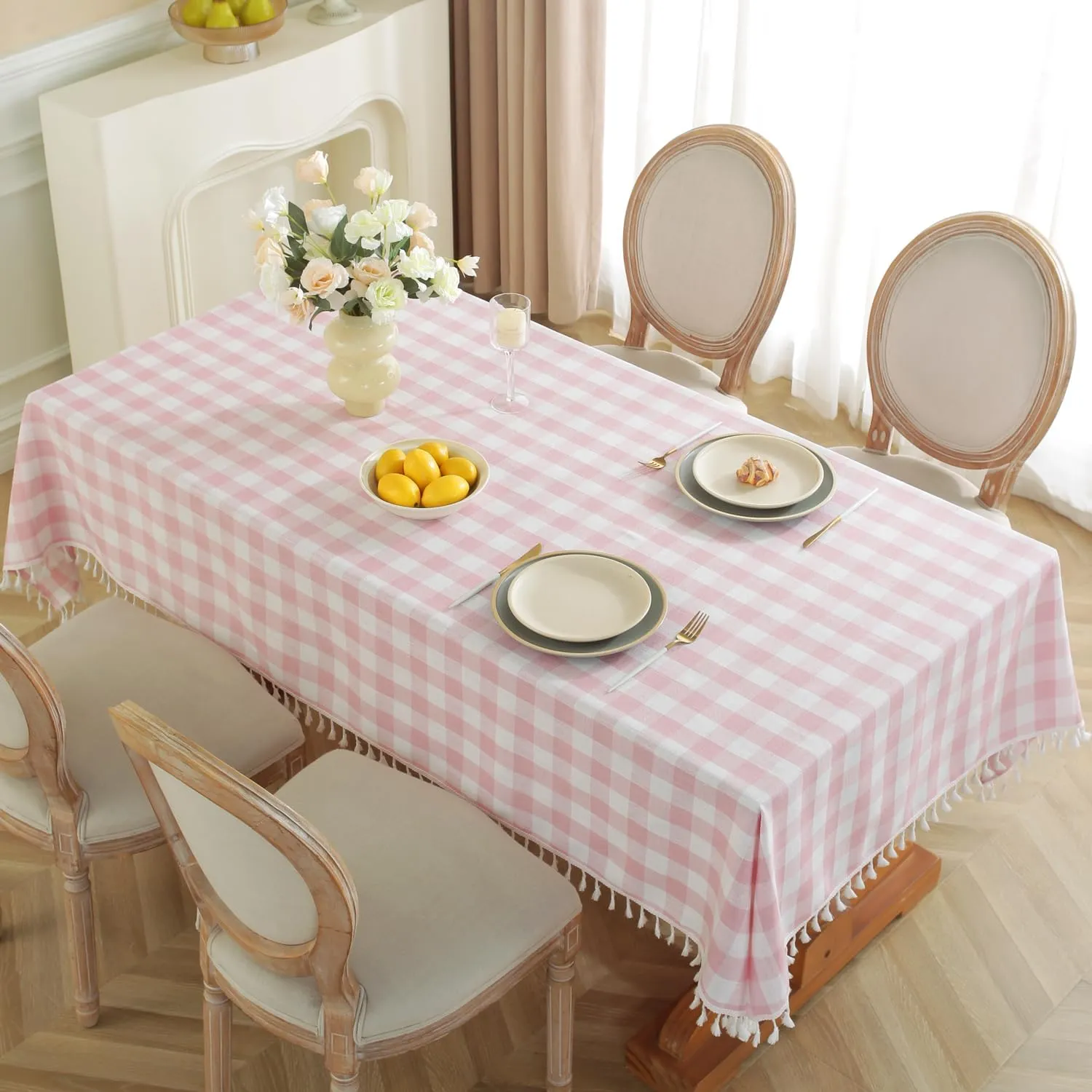 Laolitou Pink Checkered Tablecloth Rectangle Washable Buffalo Plaid Table Cloth with Tassel Cotton Linen Gingham Table Cover for Dining Room, Pink, Rectangle, 55''x120'', 10-12 Seats