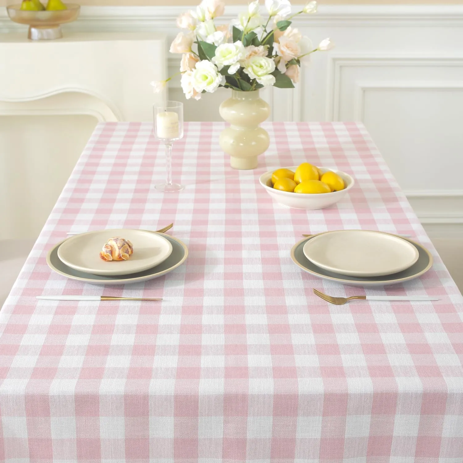 Laolitou Pink Checkered Tablecloth Rectangle Washable Buffalo Plaid Table Cloth with Tassel Cotton Linen Gingham Table Cover for Dining Room, Pink, Rectangle, 55''x120'', 10-12 Seats