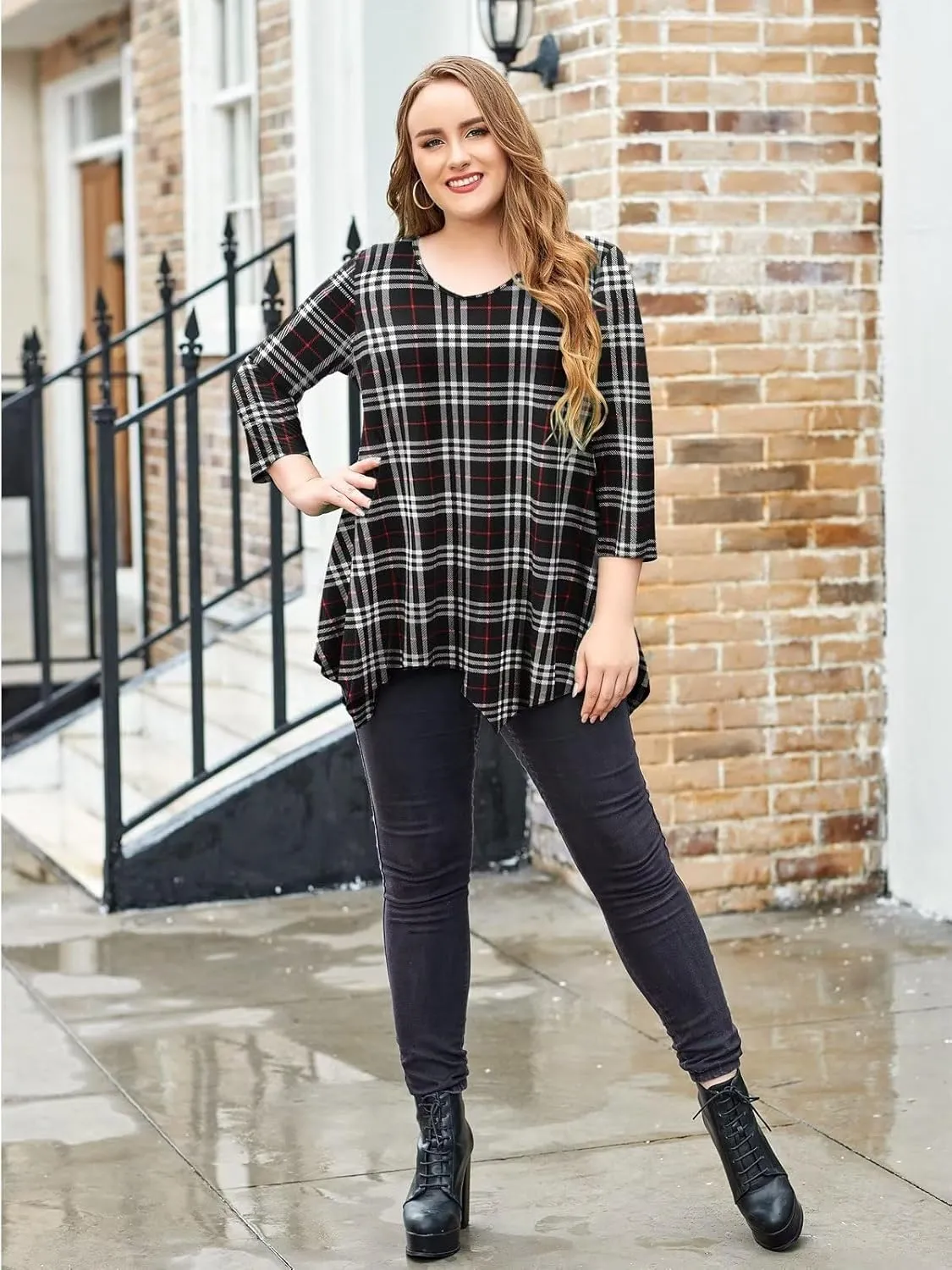LARACE Plus Size Tops for Women Tunic Asymmetrical Dress Shirts 3/4 Sleeve V Neck Flowy Ladies Clothes for Leggings
